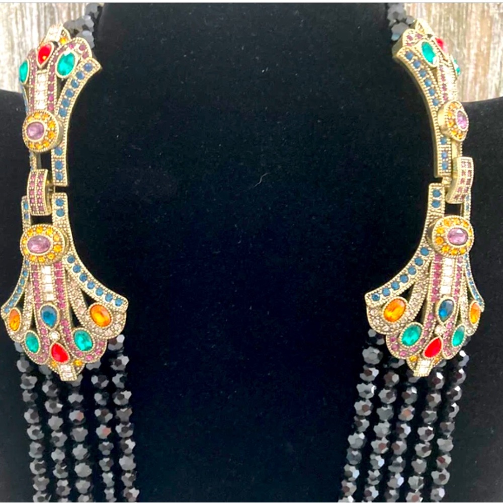 Heidi Daus Black Bead & Multi-Color Rhinestone Statement Necklace